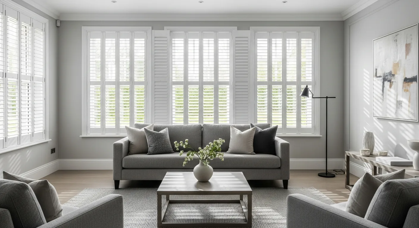 Beautiful white plantation shutters in a modern living room