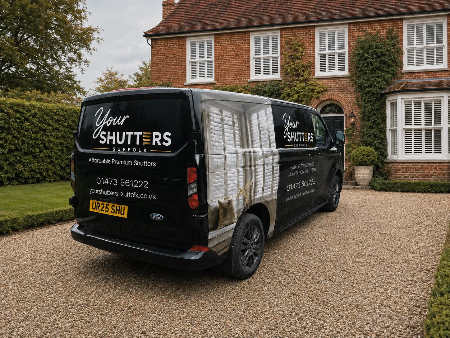 Your Shutters Suffolk van outside a family home